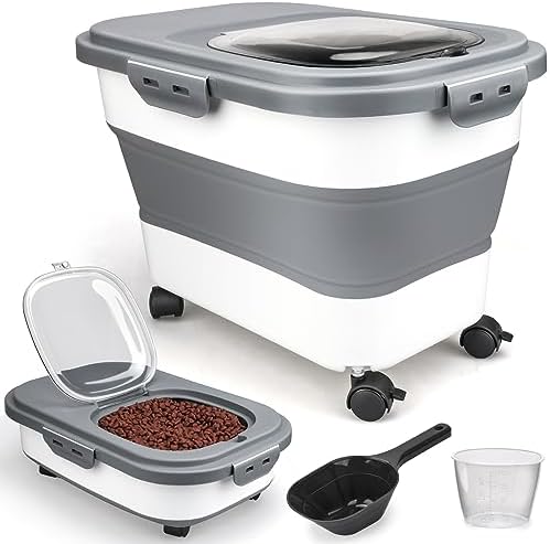 Viretec Dog Food Storage Container, 10-20Lbs Collapsible Pet Food Storage Containers with Rolling Wheel Airtight Locking Lid, Dry Food Storage Bin with Cup and Scoop,Suitable for Pet Food, Rice, Flour by Viretec