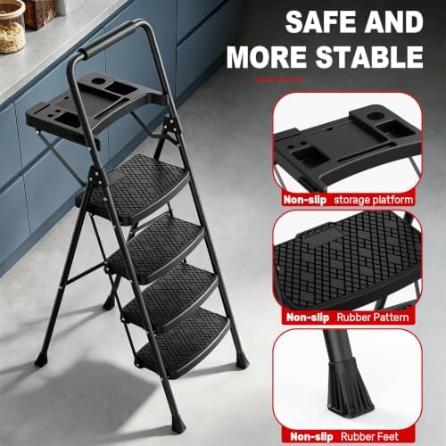 4 Step Ladder, Anautin Folding Step Stool with Tool Tray, Wide Anti-Slip Pedals, Heavy Duty Steel Step Ladder with Handrails, Portable Foldable Ladder for Kitchen Closet Garage Home 600lbs Capacity - Image 4