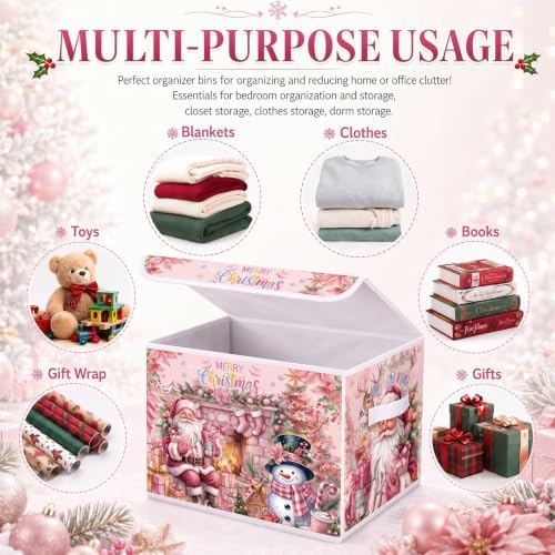 Briwooody Pink Christmas Storage Bin with Lid and Carrying Handle Pink Santa Claus Foldable Storage Box Large Snowman Collapsible Container Basket for Organizing Closet Home Bedroom Xmas Gift - Image 4