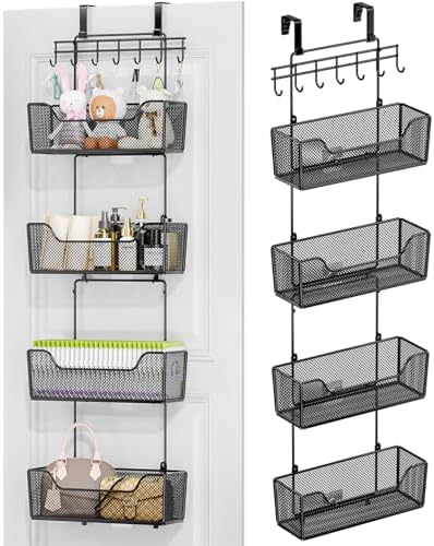 HapiRm Over The Door Organizer - Hanging Door Organizer with 4 Metal Large Capacity Baskets and Adjustable Coat Hook for Bathroom Bedroom Kitchen Pantry Closet Cabinet by HapiRm