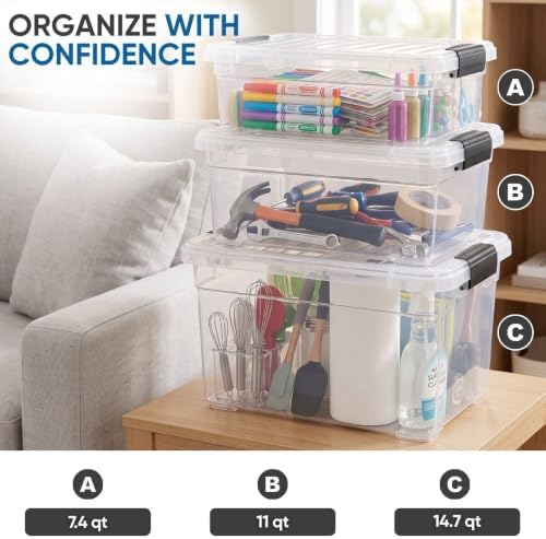 Superio 7.4 Quart Clear Plastic Storage Bin with Lid, Stackable Organizer Box, BPA-Free Storage Container for Home, Garage, School & Office, 1 Pack - Image 3