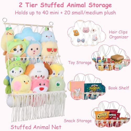 2 Tier Stuffed Animal Storage Net, Large Boho Stuffy Plushies Storage,Beige - Image 4