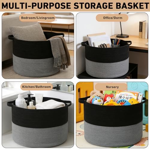 90L Extra Large Blanket Basket,Woven Laundry Basket-Black&Dark Grey - Image 6