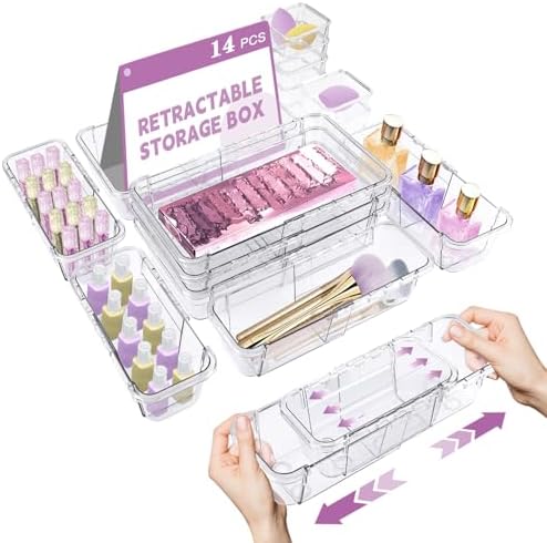 14 Pcs Adjustable Drawer Organizer, Clear Drawer Organizer Expendable by Hiitytin