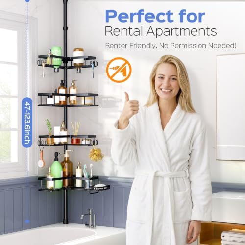 HAMITOR Shower Caddy Tension Pole 4-Tier Corner Storage Bathroom Essentials - Image 7