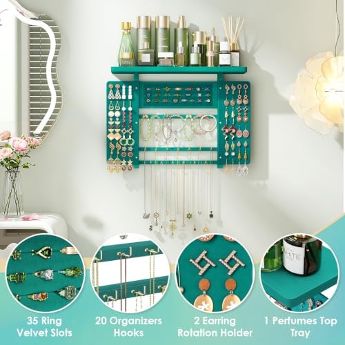 Emfogo Jewelry Organizer Hanging Wall Mounted Jewelry Holder, 5-in-1 Large Capacity Necklace Organizer Wall Hanging Jewelry Display for Ring, Necklaces, Bracelets, Earrings (Green) - Image 5