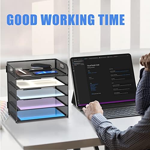 Supeasy 5 Trays Paper Organizer Letter Tray with Handle-Mesh Desk File Holders, Paper Sorter Desk Organizer for Office, Home, Classroom or School - Image 2