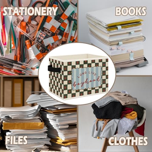 Boy Nursery Foldable Storage Bins Box with Handles, Long Live Boyhood Retro Green Checkered Collapsible Toys Books Clothes Organizer Basket for Kids Boys Nursery Room Bedroom Bathroom - Image 6