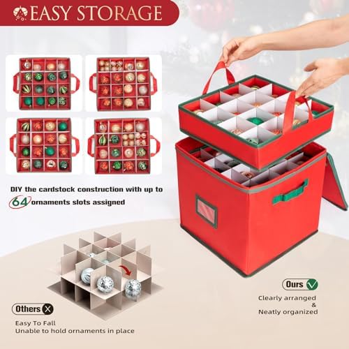 Christmas Ornament Storage Box Containers Holiday Decoration Organizer, Christmas Ball Accessories Holder with Adjustable Dividers, 4 Removable Trays, Zippered Closure, 600D Oxford 13x13x13.39 - Image 3