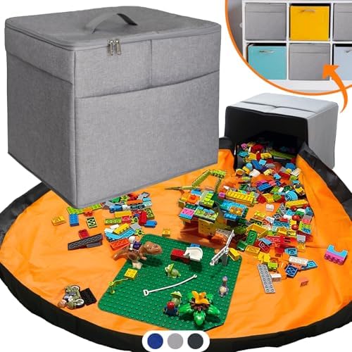 XL Toy Storage Organizer with Play Mat - Storage Bag/Box for Kids, Boys, Girls, Nursery, Playroom - Basket for Building Bricks/Blocks - Collapsible Fabric Cube Bin, 13"x13"x15" by Starsiko