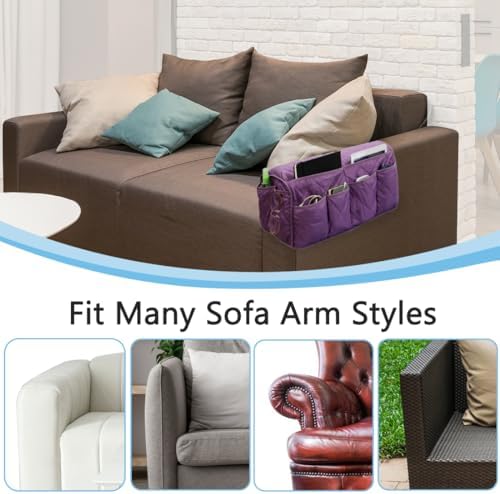 Sofa Armrest Organizer,Couch Remote Control Holder with 14 Pockets Waterproof Non Slip Recliner Organizer for TV Remotes Caddy, Book, Magazines, Ipad (Purple) - Image 7