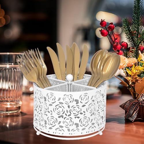 DysanVica Rotating Metal Silverware Caddy - Utensil Holder Countertop White - Image 6