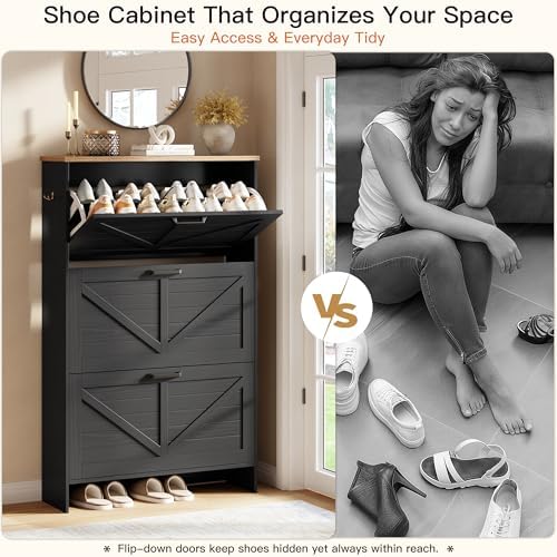 Nicetree Shoe Storage Organizer with 3 Flip Drawers, Freestanding Fluted Accent Narrow Shoe Rack, Farmhouse Shoe Cabinet with 3-Tier Adjustable Shelves for Hallway Foyer Rustic Black - Image 6