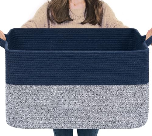Goodpick 75L Extra Large Woven Blanket Basket, 22" x 17" x 12", Blue by Goodpick