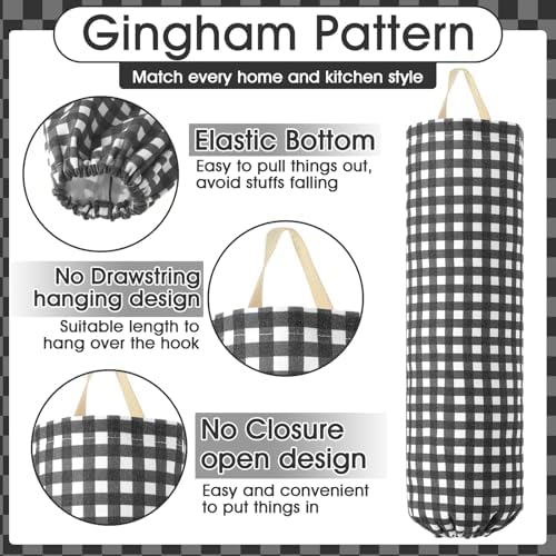 Gingham Plastic Bag Holder for Grocery Bag, Black - Image 4