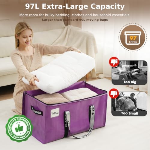 Heavy Duty Moving Bags 97L - Extra Large Storage Bags with Strong Zipper & Comfortable Handles, Packing Boxes for Moving House, College Dorm, 4 Pack, Purple, Virgin PE Material - Image 4