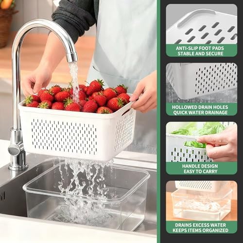 3 Pcs Fruit Containers for Fridge, Strawberry Storage Containers for Fridge, Food Storage Container with Airtight Lid, Removable Colander Basket for Rinsing and Draining, Keep Produce Fresh Longer - Image 3