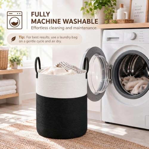 JMvicyroam 100L Cotton Rope Laundry Basket Hamper, White and Black - Image 5