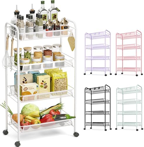 TOOLF 4 Tier Rolling Cart, Metal Utility Storage Cart with Wheels, White by TOOLF