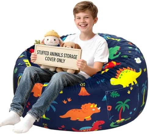 Lukeight Dinosaur Stuffed Animal Storage Bean Bag Chair Cover for Teens (No Filler), Velvet Plush Toy Organizer Seat, Long YKK Zipper, Side Pocket, XX-Large 36"D x 20"H by Lukeight