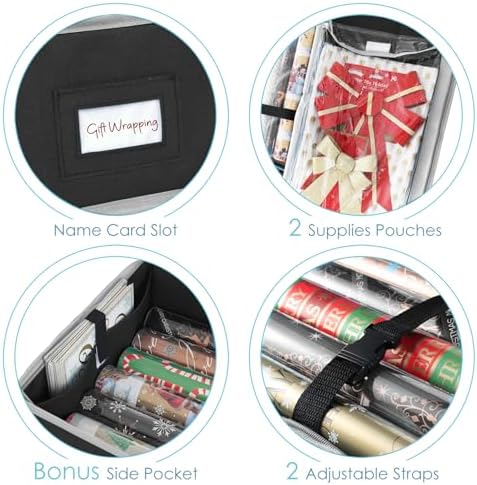 Hearth & Harbor Wrapping Paper Storage Container - Christmas Storage Bag with Interior Pockets - Gift Wrapping Organizer Storage Fits Up to 22 Rolls of 40" - Tear Proof Wrapping Paper Organizer - Image 4