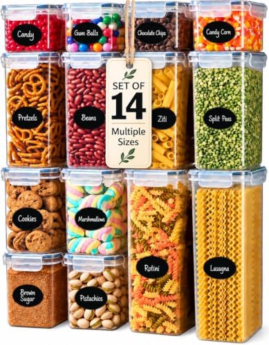 DWËLLZA KITCHEN Set of 14 Airtight Food Storage Containers for Pantry Organization and Storage - Sugar, Flour, Pasta, Spaghetti Plastic Air tight Kitchen Storage Containers With Lids, Labels & Marker by DW%C3%8BLLZAKITCHEN