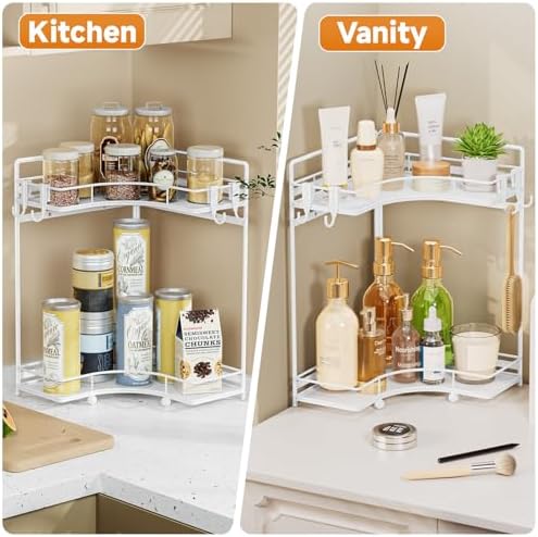 VITVITI 2-Tier Corner Bathroom Counter Organizer, Bathroom Countertop Organizer Storage for Sink, Metal Mesh Makeup Organizer for Vanity Countertop Kitchen with Hooks,White - Image 5