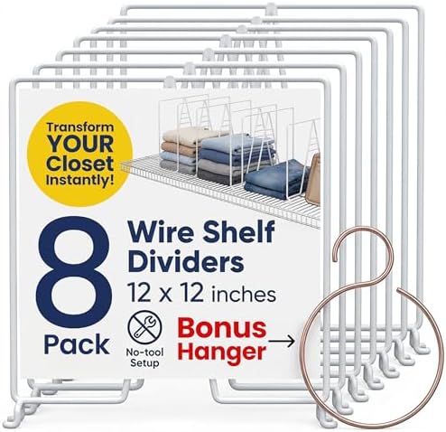 White Wire Shelf Dividers for Closet Organization – 16-Pack – Sturdy and Easy Set-Up Closet Shelf Dividers with Bonus Rose Gold Hanger – 12 inches x 12 inches by NeatlyMade