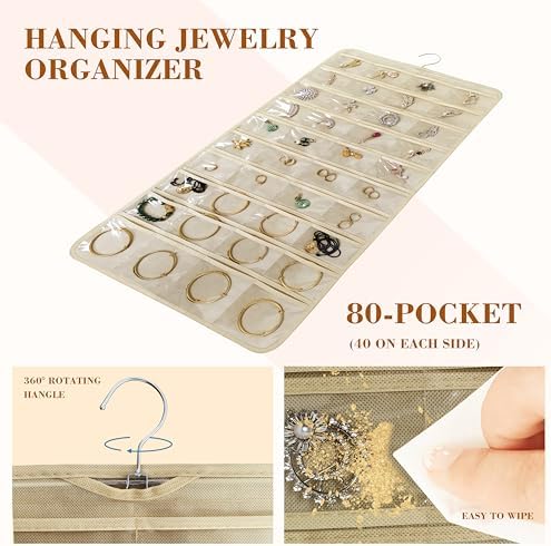 80 Pocket Hanging Jewelry Organizer with Hanger Metal Hooks Storage On Wall Door Closet Double-Sided(Each Side 40 Pockets) Jewelry Holder for Earrings, Necklaces, Rings (Beige) - Image 3