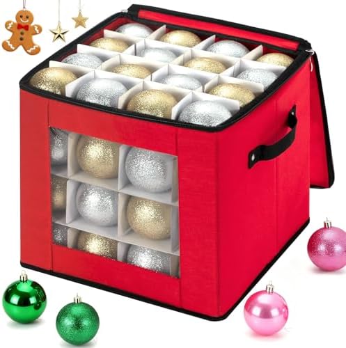 Christmas Visible Ornament Storage Box with Adjustable Dividers,Christmas Ornaments Organizer with Zipper, Storage Container Bin for Decorations(64 Ball, Red, without Tray) by RIDGEPOLE