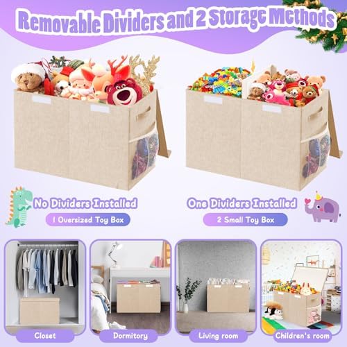Large Toy Storage Box with Lid, Dividers, Collapsible Kids Toy Chest, Beige - Image 6