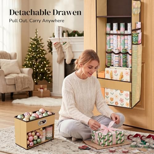 Ordovibe Wrapping Paper Storage Organizer, Over The Door Gift Wrap Holder with Removable Drawer & Side Mesh Pockets – Space Saving Closet Organizer for Christmas, Halloween, Birthday Rolls Supplies Brown - Image 4