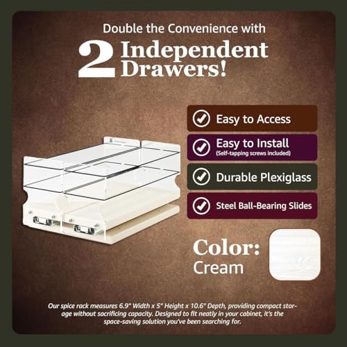 Vertical Spice - Narrow Pullout Spice Rack - Sliding Drawer for Kitchen Organization - Pantry Organizers and Storage - 2 Drawers - 10 Spice Jar Capacity (4.6" W x 5.0" H x 10.6" D, Cream) - Image 5