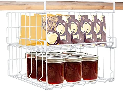 Hanging Under Shelf Storage Basket, 2 Pack Foldable Under Cabinet Metal Desk Storage Wire Rack Organizer for Kitchen Pantry Bookshelf Office Home, Easy to Install Slide-in Under Shelves (White) by Davi+Collection