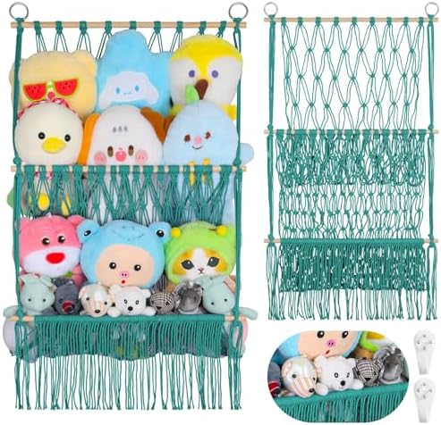 2 Tier Stuffed Animal Storage Net, Large Boho Stuffy Plushies Storage,Aqua by iHansee