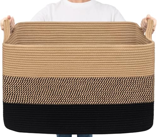 Goodpick 85L Large Woven Blanket Basket, Rectangle, Black Jute by Goodpick