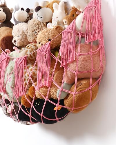 Boho Stuffed Animal Hammock, Falt Wall or Corner Hanging, Pink, L - Image 4