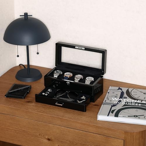 ROTHWELL 4-Slot Piano Black Watch Box with Valet Drawer - Premium Jewelry Display Case Organizer with Locking Glass Top and Microsuede Liner for Men & Women (Black Interior) - Image 2