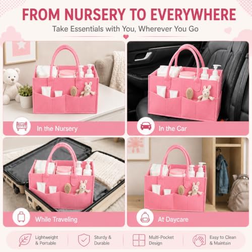 PandaEar Baby Diaper Caddy Organizer, Portable Diaper Holder Organizer Nursery Storage Basket for Wipes & baby stuff, Collapsible Baby Organizer with Divided Design (Light Pink) - Image 6