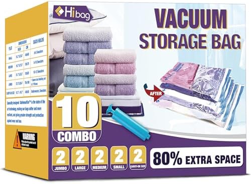 HIBAG Vacuum Storage Bags, 10-Pack Vacuum Seal Bags for Clothing Clothes, Space Saver Bags (2 Jumbo, 2 Large, 2 Medium, 2 Small, 2 Roll-up) with Pump (10-Combo) by HIBAG