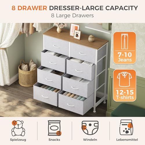 Sweetcrispy 8 Drawer Fabric Dresser for Bedroom, Tall Dresser, Light Grey - Image 4
