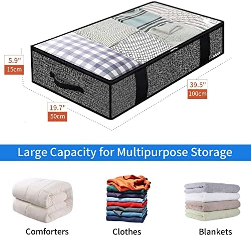 Onlyeasy Foldable Underbed Bags - 2 Pack Blankets Clothes Comforters Storage Bag Breathable Zippered Organizer for Bedroom with Clear Window and 4 Handles, 100 x50 x15cm, Linen-Like Black, MXAUBBP2 - Image 2