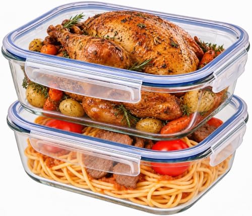 2 Pack 2260ml/76.4oz Extra Large Glass Food Storage Containers with Lids, Large Meal Prep Containers for Whole Chicken, Roasts, Family-Size Meals, Oven, Microwave, Freezer & Dishwasher Safe, BPA Free by Liuruiyu