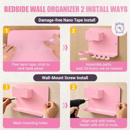 Floating Bedside Wall Shelf, Metal Wall Organizer with Detachable Cup Holde - Image 6