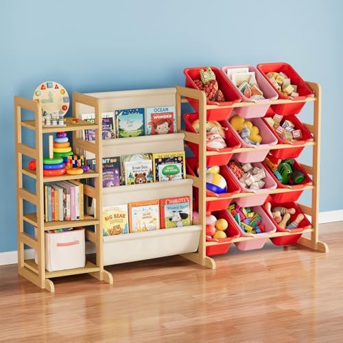 SpaceAid 3-in-1 Toy Storage Organizer with 4 Shelves and 12 Bins, Toy Organizers Storage 3-Tier Bookshelf, Kids Bin Shelf Box Bookcase for Bedroom Playroom Organization Room Decor, Red and Pink by SpaceAid
