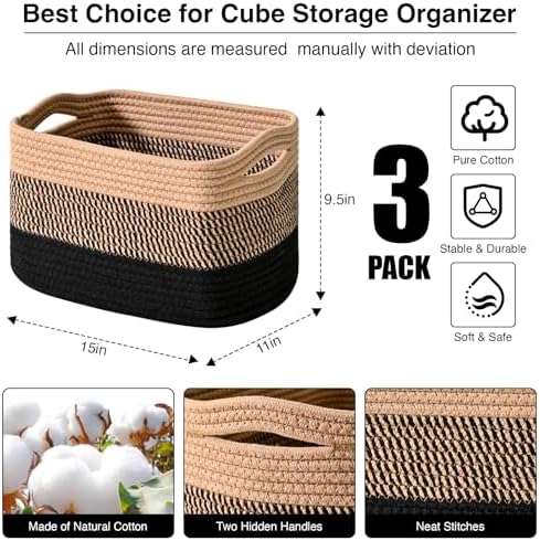 ICERZCZ Storage Baskets for Organizing Shelves, Decorative Baskets for Storage, Woven Cotton Rope Basket for Living Room Bedroom Nursery, 15"x11"x9.5", 3 Packs, Gradient Black & Jute - Image 3