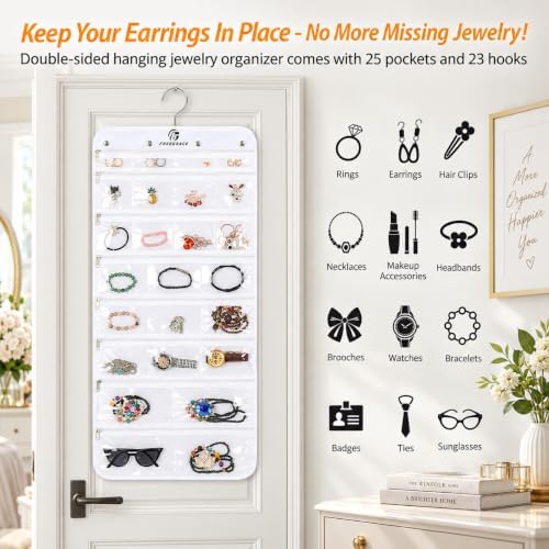 Freegrace Hanging Jewelry Organizer, 25 Zippered Pockets, 23 Necklace Hooks - Image 4