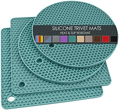 4 Pack Silicone Trivets for Hot Dishes, Dark Green Silicone Hot Pads Trivet for Hot Pots and Pans, 4 PCS Heat Resistant Silicone Mats Pot Holders for Kitchen Counter, Large Coasters & Jar Opener by QPIXDIGITAL