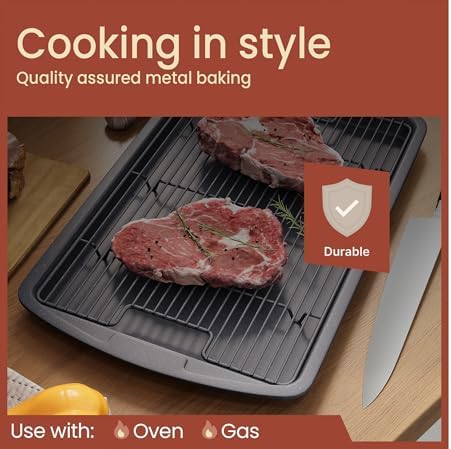 Cookie Sheet with Wire Rack Set, 2-Piece Nonstick Gray Marble Carbon Steel Pan & Cooling Rack, Space-Saving Stackable Set, PFOA, PFOS, PTFE Free, Oven Safe Up to 450°F, 17.4" Pan & 14.7" Rack - Image 3