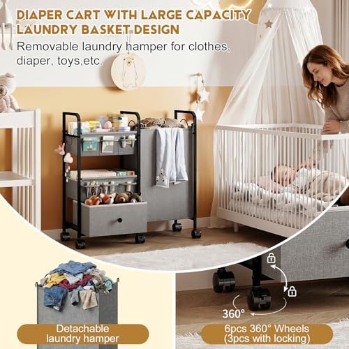 Cidaziya 2In1 Baby Diaper Caddy Organizer with Laundry Hamper, 3 Tier Rolling Cart with Dividers and Drawers, Upgrade Diaper Cart Utility Cart Clothes Organizer for Baby Essentials, New Mom, Nursery - Image 2